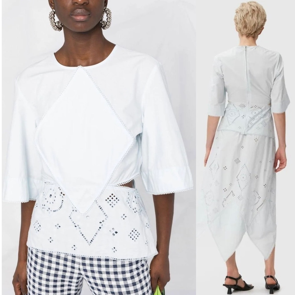 NWT GANNI Organic Cotton Short Sleeve Side Cutout Embroidered Eyelet Top S - Picture 4 of 14
